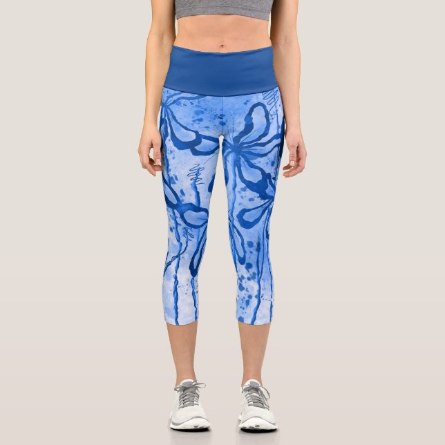 Abstract Inked Flowers blue Capri Leggings (Front)