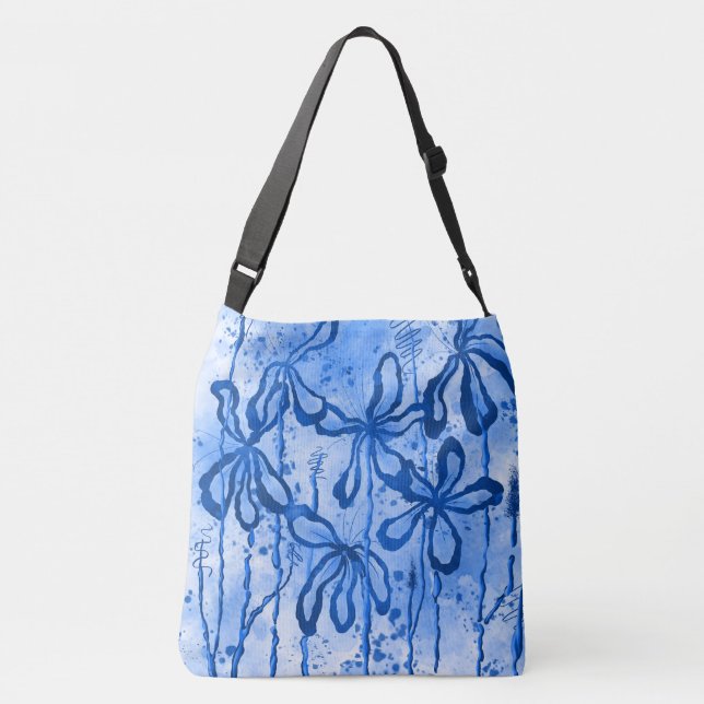 Abstract Inked Flowers  Blue Crossbody Bag (Back)