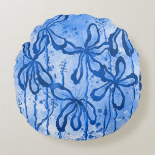 Abstract Inked Flowers Blue Lilies Round Cushion