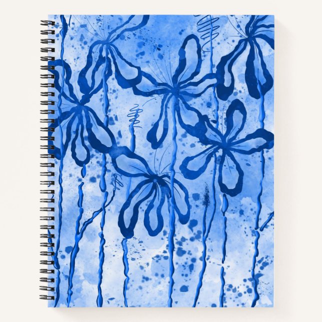 Abstract Inked Flowers Blue Navy Lilies  Notebook (Front)
