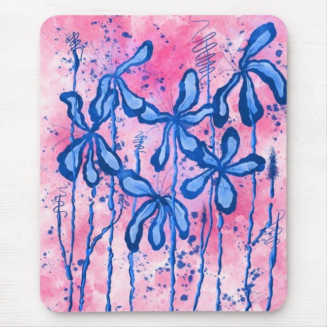 Abstract Inked Flowers  Blue Pink Mouse Mat (Front)