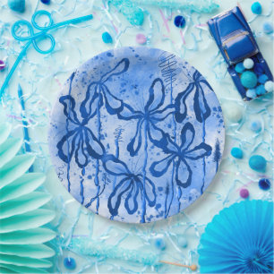 Abstract Inked Flowers Blue Sky  Paper Plate