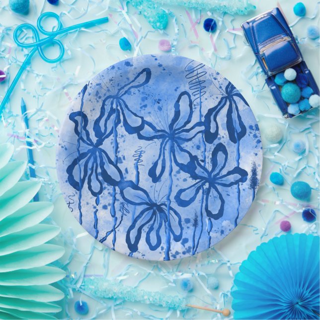 Abstract Inked Flowers Blue Sky  Paper Plate (Party)