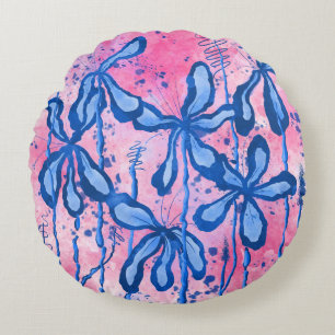 Abstract Inked Flowers  Pink Blue Lilies Round Cushion