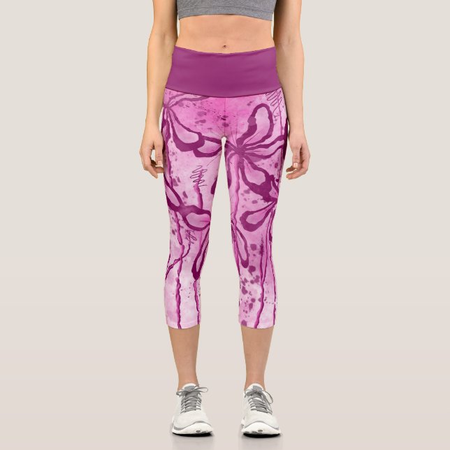 Abstract Inked Flowers pink Capri Leggings (Front)