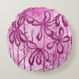 Abstract Inked Flowers  Pink Lilies Round Cushion
