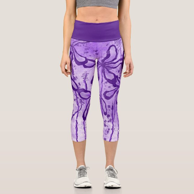 Abstract Inked Flowers  Violet  Capri Leggings (Front)