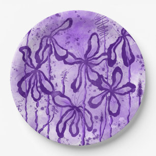 Abstract Inked Flowers Violet Sky  Paper Plate