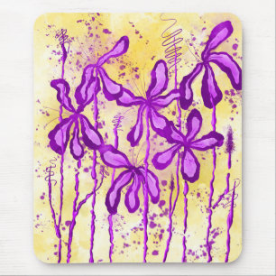 Abstract Inked Flowers Yellow Purple Mouse Mat
