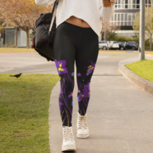 Abstract Iris Flowers on Black Colorful Leggings