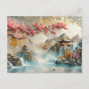 Abstract Japanese Landscape with Sakura Blossom Postcard