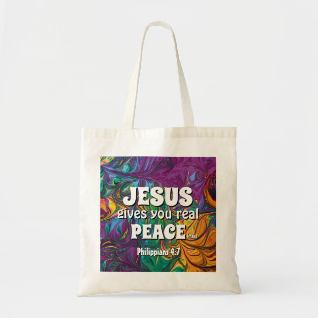Abstract JESUS GIVES REAL PEACE Christian PURPLE Tote Bag (Front)