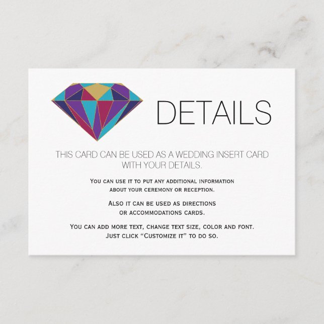Abstract jewel gemstone wedding details insert (Front)
