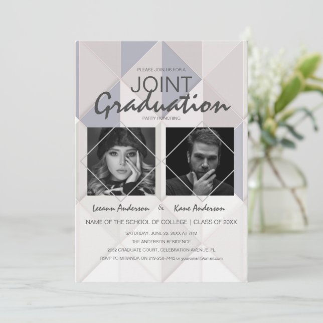 Abstract Joint Graduation 2 Photo Graduation Party Invitation (Standing Front)
