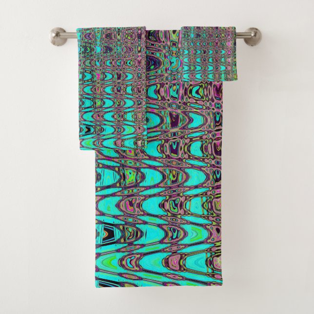Abstract Kaleidoscopic Aqua Retro Boomerang Waves Bath Towel Set (Insitu)