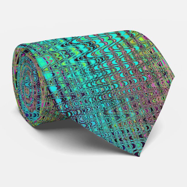 Abstract Kaleidoscopic Aqua Retro Boomerang Waves Tie (Rolled)