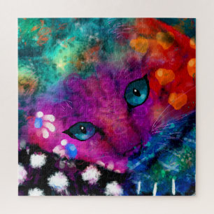 Abstract Kitty Cat Purple Orange Green Black White Jigsaw Puzzle