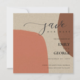 ABSTRACT KRAFT TERRACOTTA RED SAVE THE DATE CARD