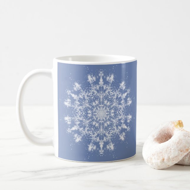 Abstract Lacy Fractal Snowflake on Blue Background Coffee Mug (With Donut)