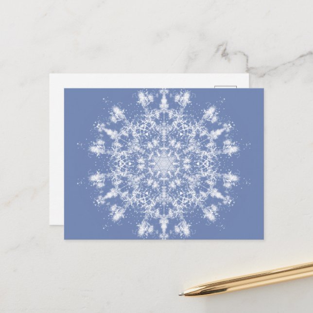 Abstract Lacy Fractal Snowflake on Blue Background Holiday Postcard (Front/Back In Situ)