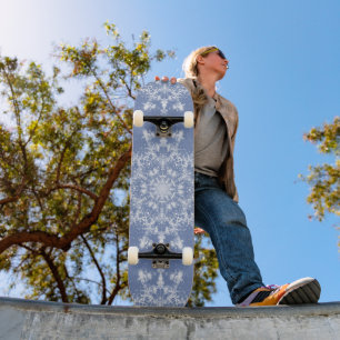 Abstract Lacy Fractal Snowflake on Blue Background Skateboard