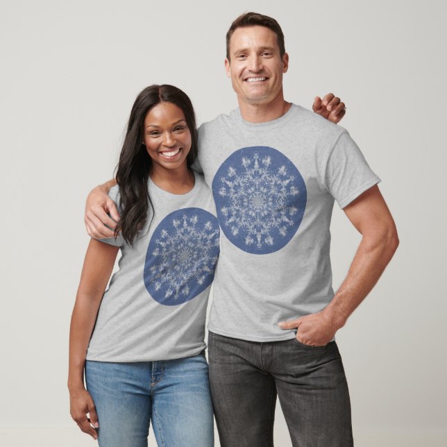 Abstract Lacy Fractal Snowflake on Blue Background T-Shirt (Unisex)
