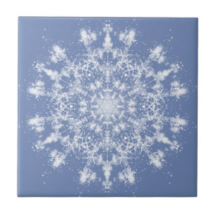 Abstract Lacy Fractal Snowflake on Blue Background Tile
