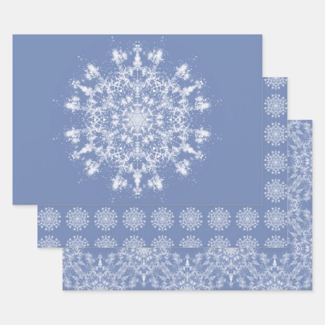 Abstract Lacy Fractal Snowflake on Blue Background Wrapping Paper Sheet (Set)