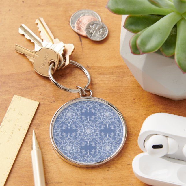 Abstract Lacy Fractal Snowflake Pattern on Blue Key Ring (Desk)