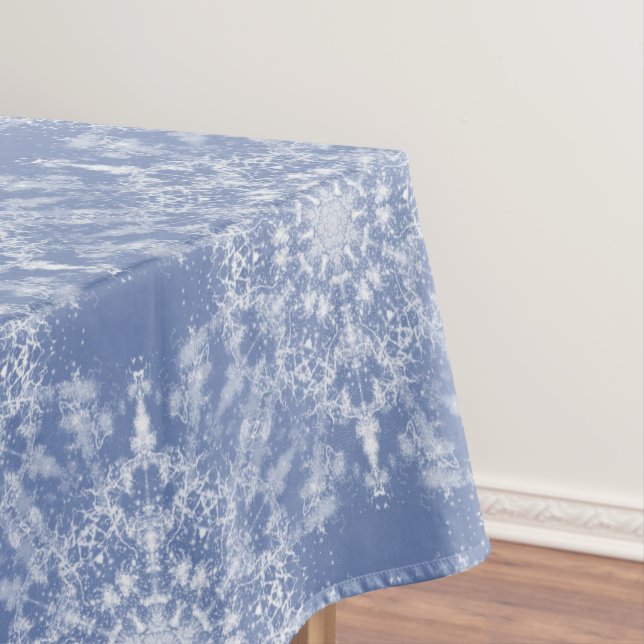 Abstract Lacy Fractal Snowflake Pattern on Blue Tablecloth (In Situ)