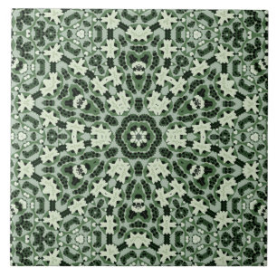 Abstract lacy white and green Kaleidoscope Tile