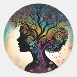 Abstract Lady Mother Nature Trees And Flowers, Classic Round Sticker