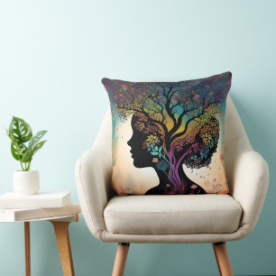 Abstract Lady Mother Nature Trees And Flowers, Cushion