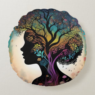 Abstract Lady Mother Nature Trees And Flowers, Round Cushion