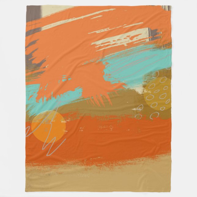Abstract Landscape Art, Orange Turquoise Green Fleece Blanket (Front)