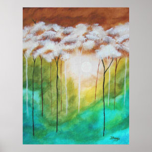 Abstract Landscape Art, Skinny Trees, Teal, Gold Poster