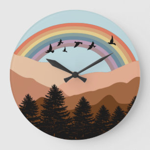 Abstract Landscape Forest Rainbow & Birds Nursery  Large Clock