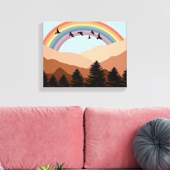 Abstract Landscape Forest Trees Rainbow & Birds  Canvas Print (Insitu(LivingRoom))