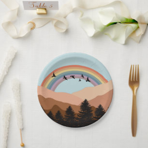 Abstract Landscape Forest Trees Rainbow & Birds Paper Plate