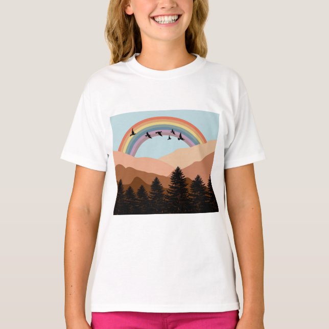 Abstract Landscape Forest Trees Rainbow & Birds  T-Shirt (Front)
