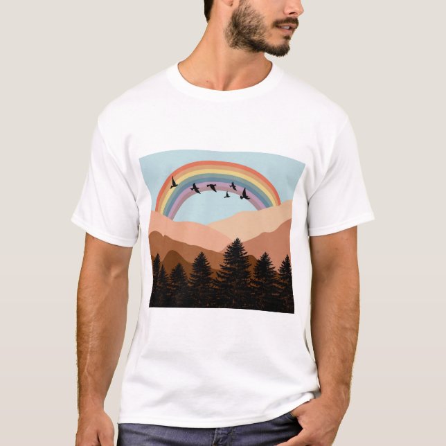 Abstract Landscape Forest Trees Rainbow & Birds   T-Shirt (Front)