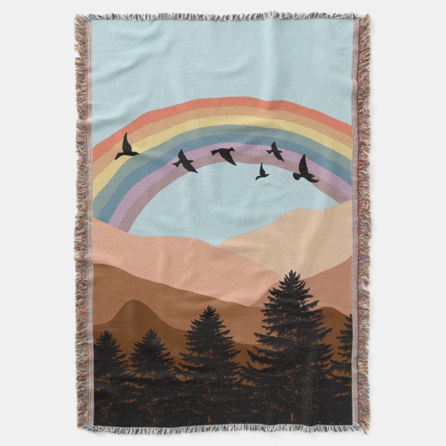 Abstract Landscape Forest Trees Rainbow & Birds    Throw Blanket (Front Vertical)