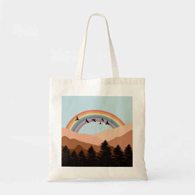 Abstract Landscape Forest Trees Rainbow & Birds  Tote Bag (Front)