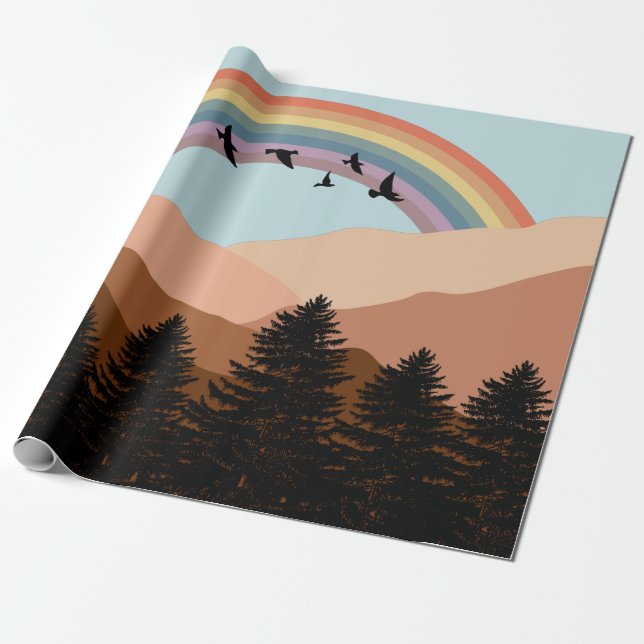 Abstract Landscape Forest Trees Rainbow & Birds  Wrapping Paper (Unrolled)