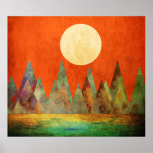 Abstract Landscape Full Moon Mountains Orange Sky Poster