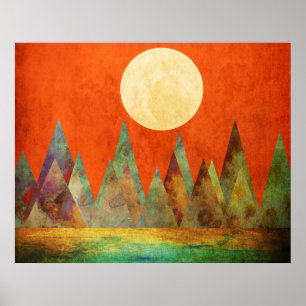 Abstract Landscape Full Moon Mountains Orange Sky Poster