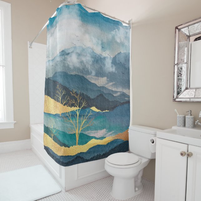 Abstract landscape god accents shower curtain (In Situ)