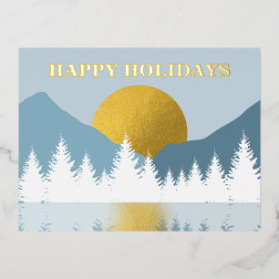 Abstract Landscape Golden Winter Happy Holidays Foil Holiday Postcard