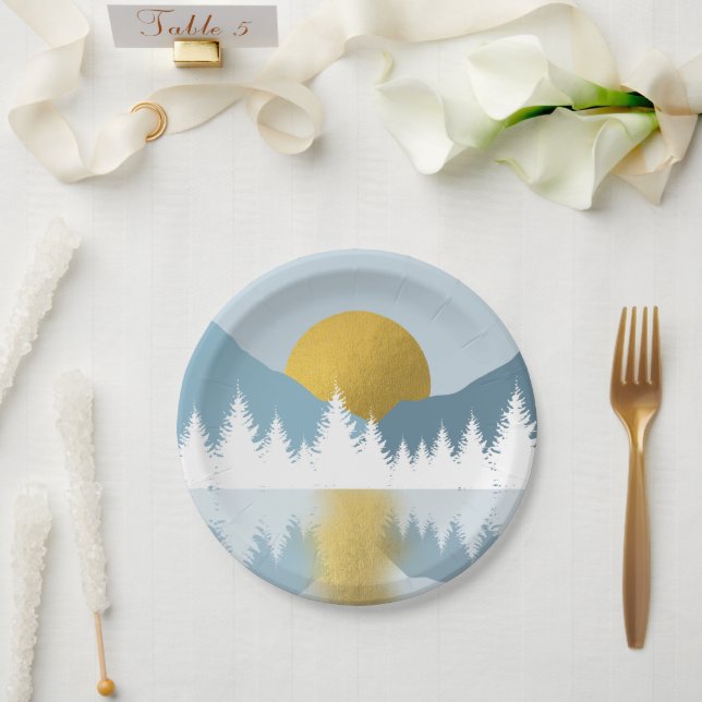 Abstract Landscape Golden Winter Sunset Sunrise Paper Plate (Wedding)