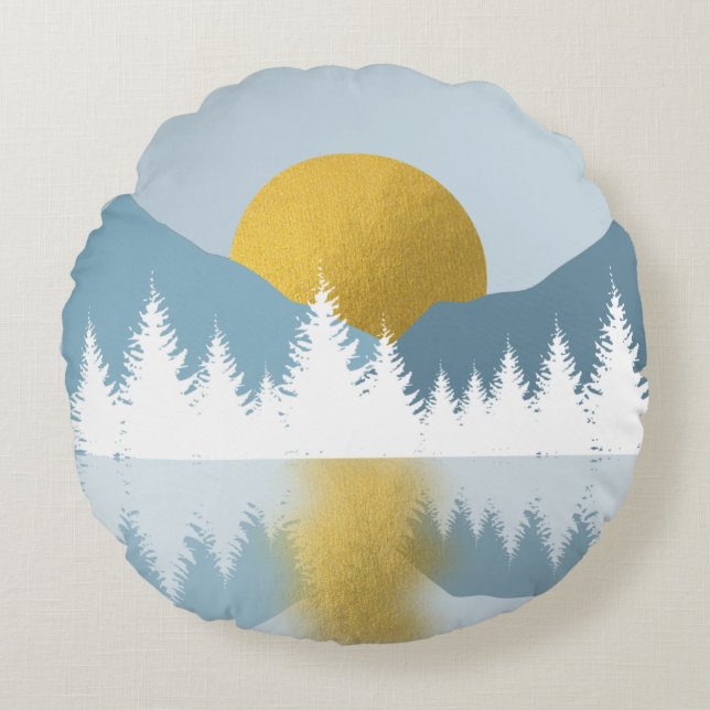 Abstract Landscape Golden Winter Sunset Sunrise Round Cushion (Front)
